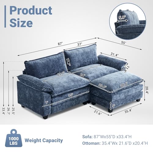 VINGLI 221cm(87인치) 클라우드 섹션 소파, 거실용 편안한 L자형 엑스트라 딥 시트 소파 카우치, 작은 공간을 위한 오토만 포함 모던 2인용 컨버터블 2인용 소파 (네이비 블루) - color: 셔닐 네이비 블루, size: 2-seaters-1-Ottoman
