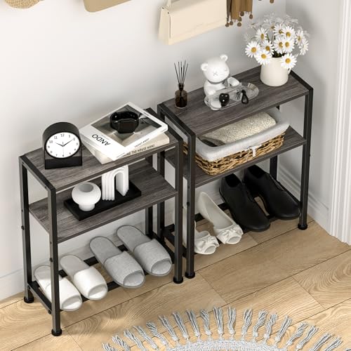Narrow Side Table Set of 2 for Small Space, 2-Tier Small End Table with Shelf Holder, Slim Nightstand, Skinny Snack Couch Table in Living Room, Bedroom, Study, Kitchen and Balcony (Grey) - color: Grey