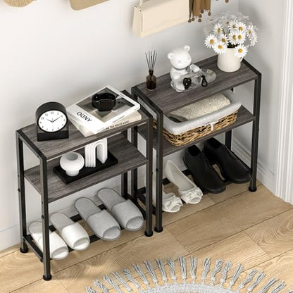 Narrow Side Table Set of 2 for Small Space, 2-Tier Small End Table with Shelf Holder, Slim Nightstand, Skinny Snack Couch Table in Living Room, Bedroom, Study, Kitchen and Balcony (Grey) - color: Grey