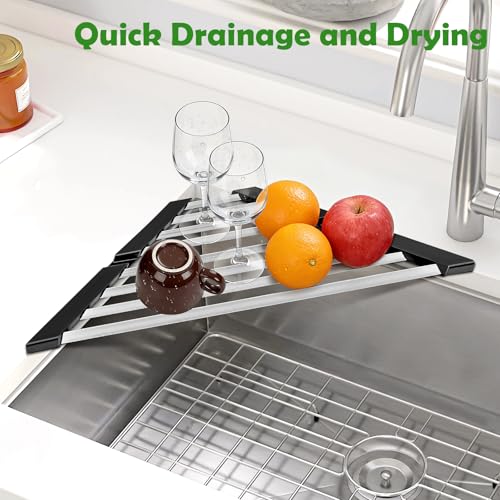 Small Triangle Foldable Dish Drying Rack with Silicone Ends for Sink Corner | Sink Cover, 304 stainless steel, Space-Saving, Over-the-Sink Drainer, on the counter, Easy Cleaning, Rustproof,All-in-one
