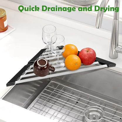 Small Triangle Foldable Dish Drying Rack with Silicone Ends for Sink Corner | Sink Cover, 304 stainless steel, Space-Saving, Over-the-Sink Drainer, on the counter, Easy Cleaning, Rustproof,All-in-one