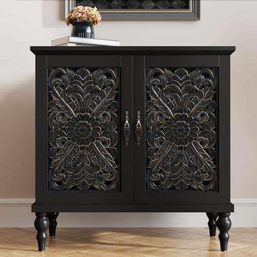 ARTPOWER Vintage Accent Cabinet with 2 Doors, Credenza for Living Room | Hand Painted Carved Door Sideboard & Buffet Cabinet, Wood Storage Cabinet for Kitchen, Dining Room, Entryway, Hallway - color: Black, size: 1 Piece