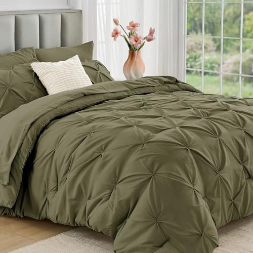 JOLLYVOGUE Twin Comforter Set 5 Pieces - Bed in a Bag Twin for All Season, Pintuck Bedding Comforter Sets with Comforter, Flat Sheet, Fitted Sheet and Pillowcases & Shams, Olive Green - color: Olive Green, size: Twin