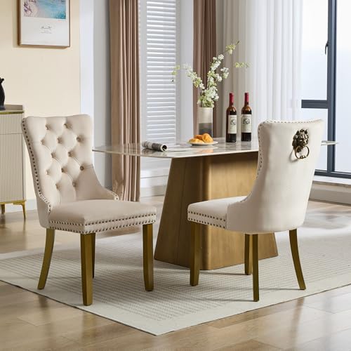 KEIKI Mid-Century Upholstered Velvet Dining Chair, Tufted Accent Seat | with Golden Solid Wood Legs for Dining Room Kitchen Room, Beige - color: Beige