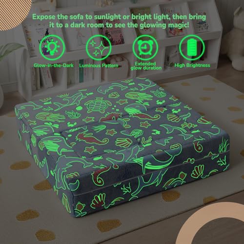MeMoreCool Glow Modular Kids Couch, Denim Mermaid | modular foam seating, removable washable cover, mermaid glow design, lightweight pieces, playroom furniture - color: Denim Mermaid