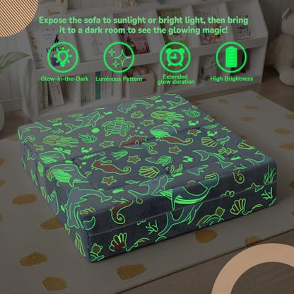 MeMoreCool Glow Modular Kids Couch, Denim Mermaid | modular foam seating, removable washable cover, mermaid glow design, lightweight pieces, playroom furniture - color: Denim Mermaid
