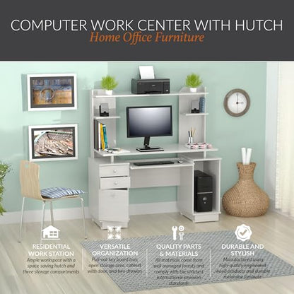 Inval America Computer Work Center with Hutch, Pull-Out Keyboard Tray, Drawers, Desk Workstation, 53.5"H x 48.62"W x 19.5"D, Washed Oak