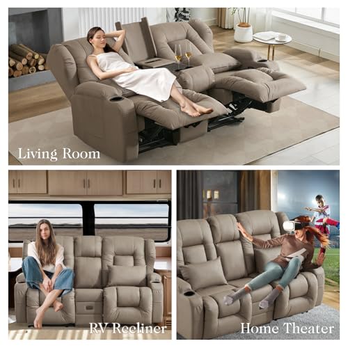 Loveseat Recliner Sofa,RV Wall Hugger Recliners with Flip-up Console,Reclining Loveseat Sofa Recliner with Cup Holders/Lumbar Pillows for Small Spaces,RV Furniture (Khaki,68" 2-Seater) - color: Khaki, size: 68" 2-Seater