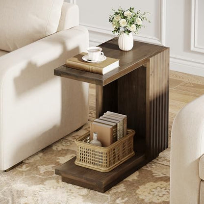 Solid Wood Side Table, C-Shaped Narrow End Table with Storage | 2-Tier Farmhouse Bed Side Table with Fluted Panels, Wood Nightstand for Bedroom, Living Room, Small Spaces, Dark Brown - color: Dark Brown