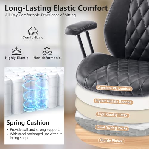 YFO Home Office Desk Chair Office Rubber Casters Ergonomic Computer Chair with Lumbar Support Adjustable Height Rolling Swivel Executive Task Armrests Chair， Black PU - color: Black, size: Mid Back