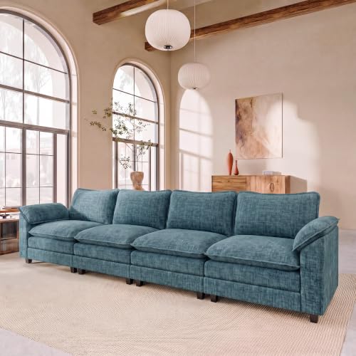 JUMMICO 159" Sectional Couch, Modular Cloud Sofa, Dark Blue | Comfy Chenille, 4 Deep Seats, High-Density Foam, Double Layer Cushions, Oversized Linear Sofa for Living Room and Apartment - color: Dark Blue, size: Linear Sofa