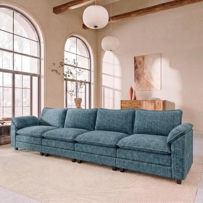 JUMMICO 159" Sectional Couch, Modular Cloud Sofa, Dark Blue | Comfy Chenille, 4 Deep Seats, High-Density Foam, Double Layer Cushions, Oversized Linear Sofa for Living Room and Apartment - color: Dark Blue, size: Linear Sofa