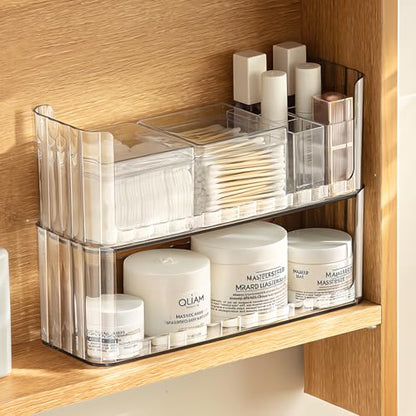 PAVSTINE 2-Tier Stackable Medicine Cabinet Organizer, Narrow Bathroom Makeup Organizer with Lipstick Holders & Cotton Swab Cases, Clear Countertop Shelf for Mirror Cabinet and Vanity - size: 2-Tier-Clear