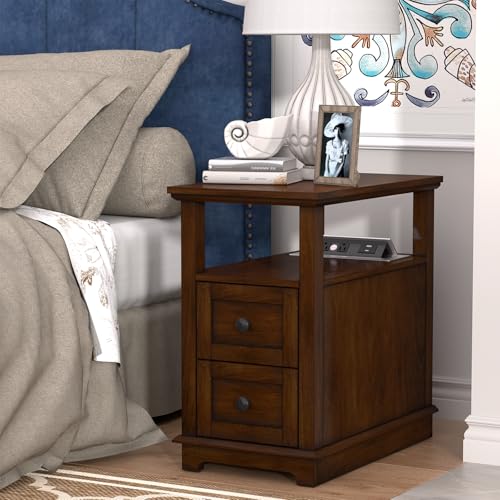 HIFYOBRO 2 Drawers End Table with Flip Top Charging Station | Type-C & USB Port & Power outlets, Wooden Storage Cabinet, Side Table with Storage for Living Room and Bedroom - color: Glossy Cherry, size: 1 Piece