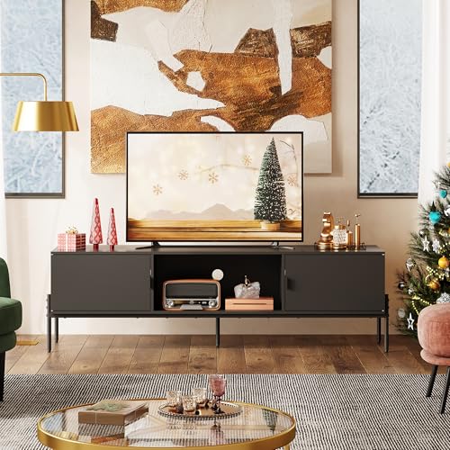 WLIVE 58" TV Stand for 65 Inch TVs, Mid Century Modern Entertainment Center with 2 Storage Cabinets & Open Shelf, Media Console Table with Metal Legs for Living Room, Bedroom, Black - color: Black