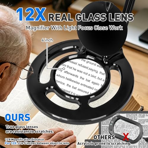 KIRKAS Magnifying Glass with Light, 2,200 Lumens Magnifying Lamp 12X | with Clamp, Stepless Dimmable Real Glass Lens Magnifier, Adjustable Arm Workbench Light for Close Work Hobby Repair - Black - color: Black