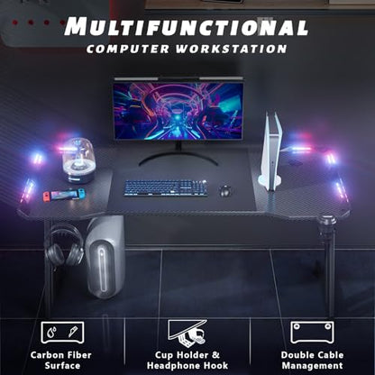 HLDIRECT 47 Inch Gaming Desk with App-Controlled RGB LED Lights, Black | Z-shaped frame design, cup holder, headphone hook, cable management & mouse pad, for dual-monitor gaming and work setup - size: 47 INCH BLACK