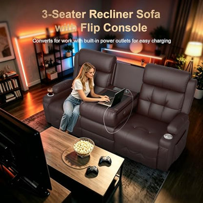 Home Theater Seating, 3 Seat Power Loveseat Recliner Sofa with Heat Massage | Wall Hugger Reclining Loveseat with USB, RV Couch with LED Lights, Flip Backrest, Cup Holders for Movie Theater, Gaming Room - color: Brown, size: 78" - 3 Seats