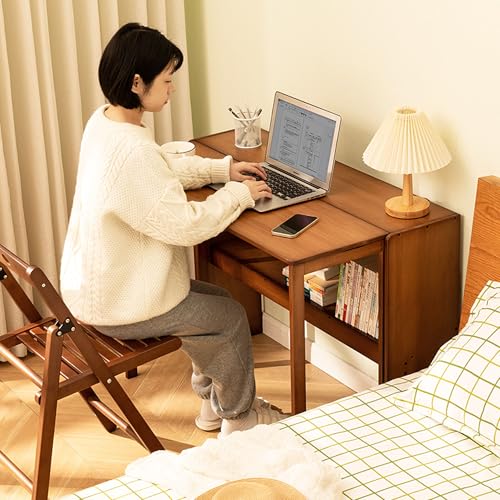 HRVEOCEI Bamboo Fold Out Desk with Storage, Mid Century Hideaway Desk for Small Spaces, Folding Computer Desk for Home Office Bedroom Apartment, Space Saving (Light Walnut) - color: Light Walnut