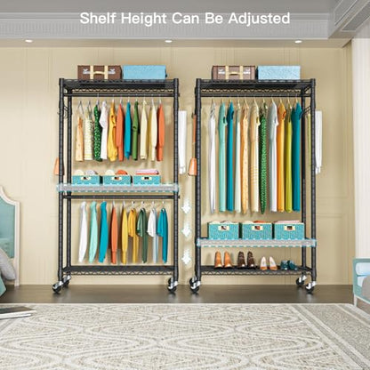 P1 Heavy Duty Garment Rack, Rolling Closet Organizer with Wheels | 3-Tier Freestanding Metal Clothes Clothing Wardrobe System with Double Hanger Rods and Hooks, Max Load 450lbs, Black - color: Black, size: P1