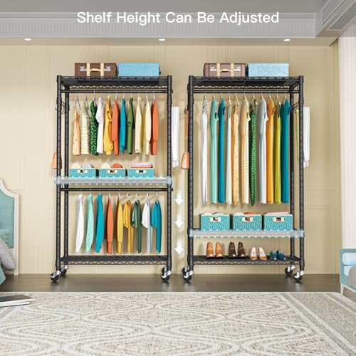 P1 Heavy Duty Garment Rack, Rolling Closet Organizer with Wheels | 3-Tier Freestanding Metal Clothes Clothing Wardrobe System with Double Hanger Rods and Hooks, Max Load 450lbs, Black - color: Black, size: P1
