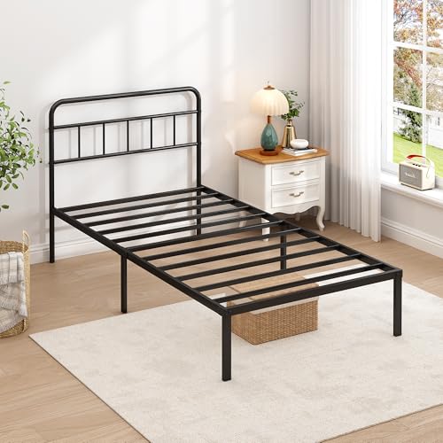 Twin Bed Frame with Classic Headboard, Black | Strong Metal Slats Support,Under Bed Storage Space,No Box Spring Needed,Easy to Assemble - size: Twin