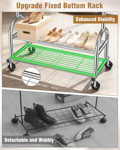 Heavy Duty Clothes Rack for Hanging Clothes Load 556 LBS, Height Adjustable Rolling Clothing Racks, Portable Metal Coat Rack Garment Wardrobe with Wheels and Shelves for Bedroom Laundry, Silver - color: Silver, style: 2 Shelves