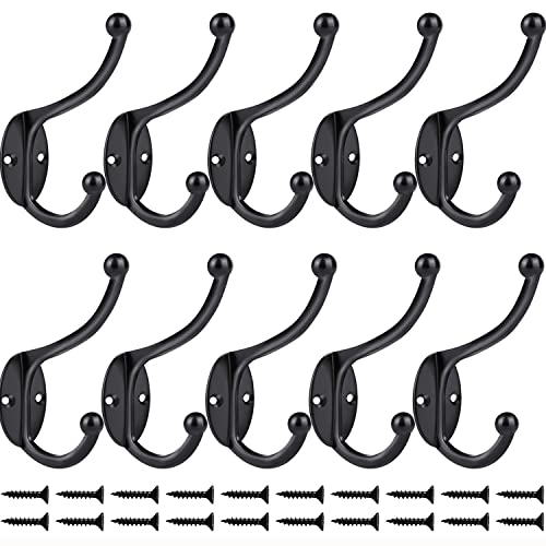 ZEYU Wall Hooks,10Pcs Coat Hooks Hardware Towel Hooks for Hanging Coats Double No Rust Black Robe Hooks Wall Mounted with Screws for Key, Towel, Bags, Cup, Hat - color: 10Pcs Black