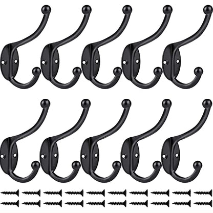 ZEYU Wall Hooks,10Pcs Coat Hooks Hardware Towel Hooks for Hanging Coats Double No Rust Black Robe Hooks Wall Mounted with Screws for Key, Towel, Bags, Cup, Hat - color: 10Pcs Black