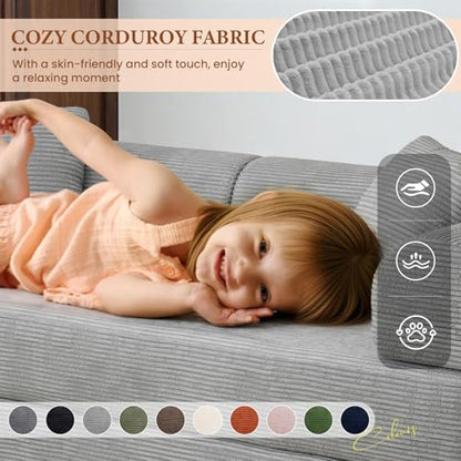77" Convertible Sofa Bed, Modular Folding Futon Corduroy Floor Foam Compressed Loveseat Sleeper Sofa Couch, Pull Out Queen Size Couch Bed with 2 Pillows for Living Room Guest Room Studio, Light Grey