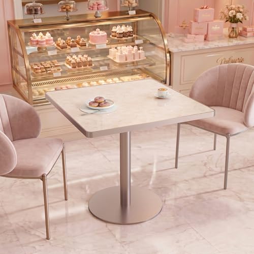 31.5'' Tulip Table, Square Dining Table with Glossy Sintered Stone Tabletop | Rose Gold Aluminum Alloy Edge & Pedestal, Small Bistro Table for Dining Room/Café/Small Spaces/Restaurant (Blush Onyx) - color: Blush Onyx (Rose Gold), size: Square