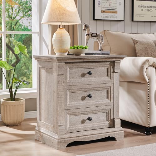 Farmhouse 26"H Night Stand Set of 2, 23.6"W End Table with Charging Station | Wood Side Table w/Roman Column, End Tables Living Room Set Of 2, Bedside Cabinet for Bedroom, Living Room, Light Rustic Oak - color: Light Rustic Oak, size: 23.6"W x 15.7"D x 26