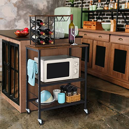 LIANTRAL Rolling Cart, 3-Tier Microwave Cart Kitchen Storage On Wheels | Brown Utility Cart for Bar Coffee Large Side End Table Nightstand for Home Office - size: Large, style: Brown