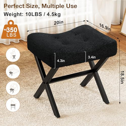 18-Inch Large Vanity Stool Chair, Black Makeup Stool | Teddy Flannel Vanity Bench, Metal X-Leg, 350 LBS, 20"x16.9"x18", Ottoman Accent Stool, Breathable Soft Padded Saddle Seat - size: Large, style: Black Fabric