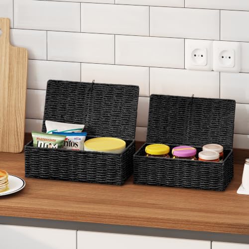 Wicker Shelf Baskets with Lid, Set of 2 Handwoven Wicker Storage Baskets for Shelves, Rectangular Storage Bins with Lids, Decorative Storage Boxes, Small Wicker Baskets for Organizing, Black - color: Black