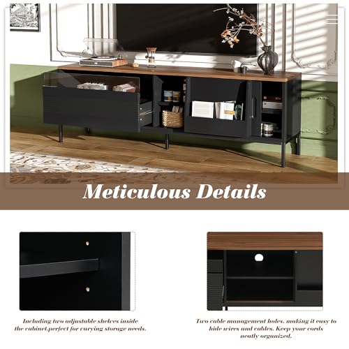 Modern TV Stand 71 in for TVs up to 75 Inches, Entertainment Center with Sliding Doors and Adjustable Shelves for Living Room, Black Media Console with Walnut Top and Sturdy Metal Frame - color: Black-h-70.90 X 15.70 X 22.50 Inch