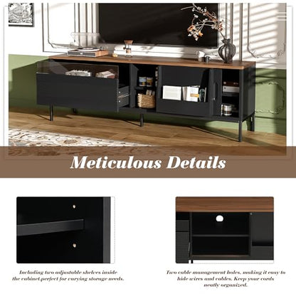 Modern TV Stand 71 in for TVs up to 75 Inches, Entertainment Center with Sliding Doors and Adjustable Shelves for Living Room, Black Media Console with Walnut Top and Sturdy Metal Frame - color: Black-h-70.90 X 15.70 X 22.50 Inch