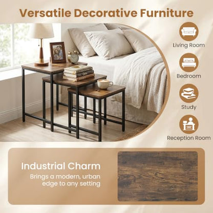 Giantex Nesting Coffee Table Set of 3, Small Center Tables for Living Room | Modern Coffee Table with Metal Frame, Space-Saving Stacking End Table for Small Space - color: Rustic Brown