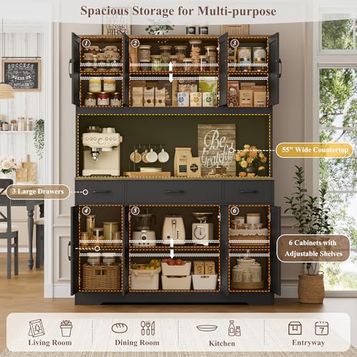 HOSTACK 71" Tall Kitchen Pantry Storage Cabinet, 55" W Kitchen Hutch, Black | Large Pantry Cabinet with Charging Station / Countertop / 3 Drawers, Farmhouse Hutch Cabinet with Storage for Dining Room - color: Black