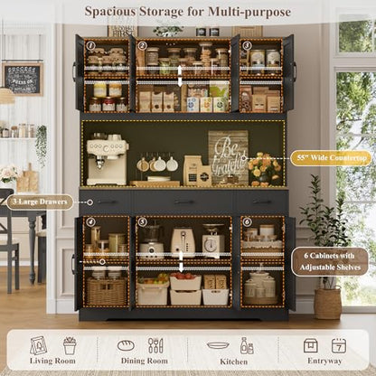 HOSTACK 71" Tall Kitchen Pantry Storage Cabinet, 55" W Kitchen Hutch, Black | Large Pantry Cabinet with Charging Station / Countertop / 3 Drawers, Farmhouse Hutch Cabinet with Storage for Dining Room - color: Black