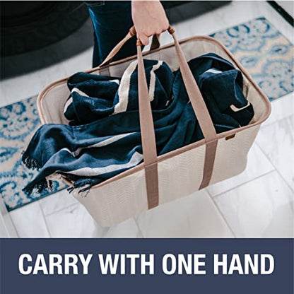 CleverMade Collapsible Laundry Tote LUXE, 50L Carry-All Tote, 2 Pack, Mocha | Bring a Polished Look to Laundry Day | Cotton-Blend Fabric and Vegan Leather Pair with Long Handles and 55 lb Support - color: LUXE Mocha