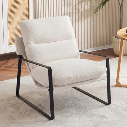 1-Pack Modern Accent Chair, Sherpa Living Room Chair, White | Comfy Armchairs, Upholstered Lounge Armchair, Removable Seat Cushion, Black Metal Frame, For Reading Room, Bedroom, Balcony - color: White, size: 1PC
