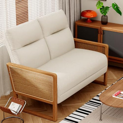 Alunaune Modern Loveseat Bench Couch with Natural Rattan Arm, Upholstered Linen Small Love Seat Sofa 2-Seats Living Room Couch Settee, Comfy Lounge Recliner Chair-Ivory - color: Ivory