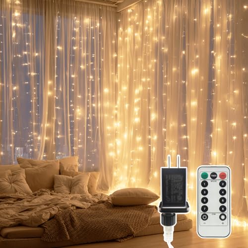 9.8x9.8Ft Curtain String Lights Plug in, 300 Warm White LED Curtain Lights with Remote,Timer,Memory,Waterproof Clear Wire for Indoor Outdoor Bedroom Window Decor - color: 300 LED