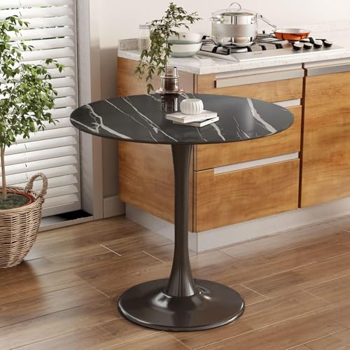 24" Tulip Table for 1-2 Persons Modern Round Dining Table, Mid-Century Modern Black Marble Small Kitchen Table with MDF Wooden Top, Leisure Coffee Table for Living Room, Dining Room, Office - color: Black Marble, size: 24"
