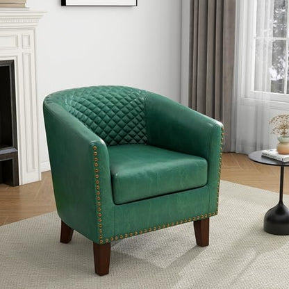 Faux Leather Accent Chair, Modern Barrel Club Chair, Green | Comfy Upholstered Armchair for Living Room, Round Club Chair Single Sofa Bedroom Reading Seat | 26"D*29"W*29"H - color: Green