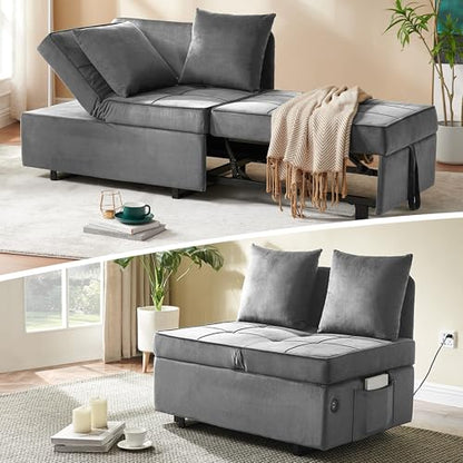 Convertible Sofa Bed 4-in-1 Pull Out Couch, Ottoman Bed Sleeper, Light Grey | Velvet Love seat Couch Sleeper Chair Bed with USB Ports, 5 Adjustable Backrest and Pillow for Living Room Apartment Office - color: Light Grey