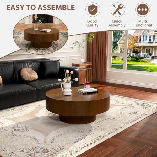 Brown Round Drum Coffee Table with Pedestal Base | 30.5'' Modern Wooden Drum Center Table, Brown Wood Finish Drum Shape, Wooden Structure, For Living Room & Apartment - color: Brown