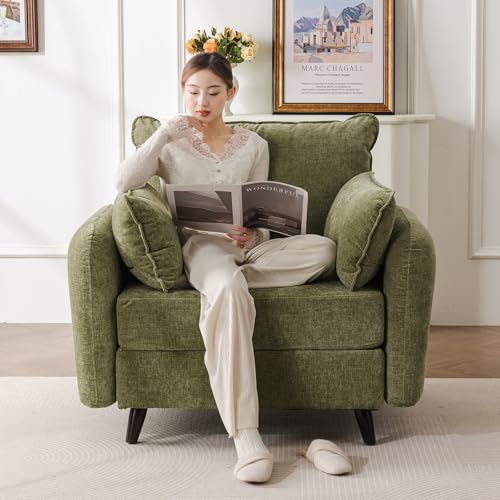 Rexulqo Oversized Accent Chair with All Seats Storage,Comfy Living Room Chairs with 2 Throw Pillow,Upholstered Mid-Century Armchair,24.5'' Deep Seat,Reading Chair for Bedroom,Office,Chenille,Green - color: Green, size: 1*Chair
