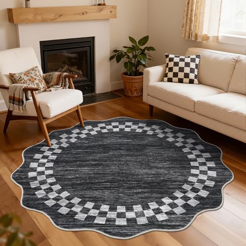 GarveeHome 6ft Washable Round Rug for Entryway Checkered Bedroom Circle Rug | Modern Non Slip Soft Dining Room Throw Carpet Large Stain Resistant Border Round Rugs for Living Room Kitchen Bathroom, Grey - color: Scalloped Dark Grey, size: 6' (Round)
